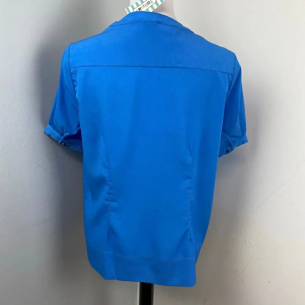 Tulip B Boutique Royal Blue Short Sleeve Ruffle Neck Tie Pussybow Blouse Large